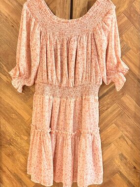 Bohme Smocked Off-Shoulder Floral Mini Dress in Peach